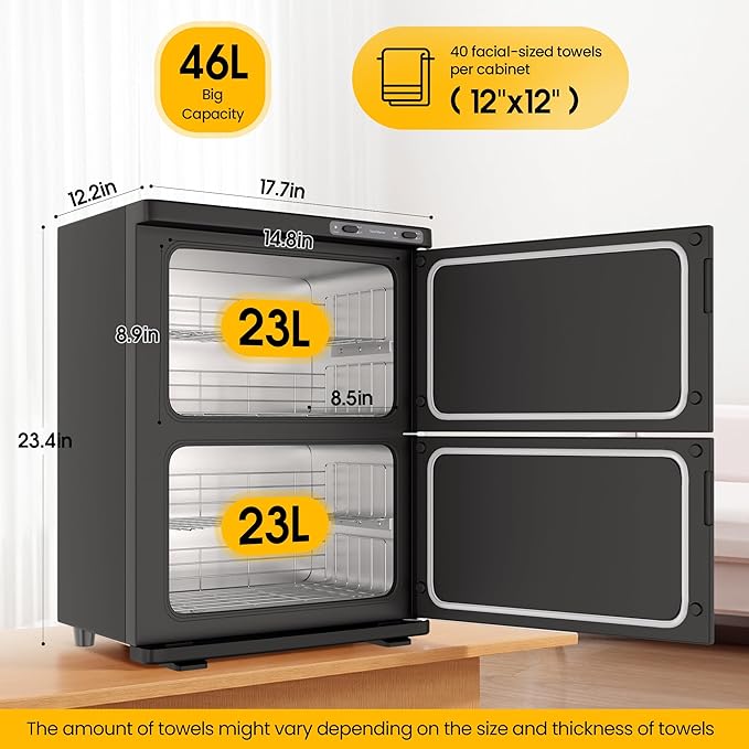 Hot Towel Warmer SalonDepot 46L Large Capacity Spa Towel Warmer with Double Cabinets for Salon, Barber Shop, Massage & Facial (Black)
