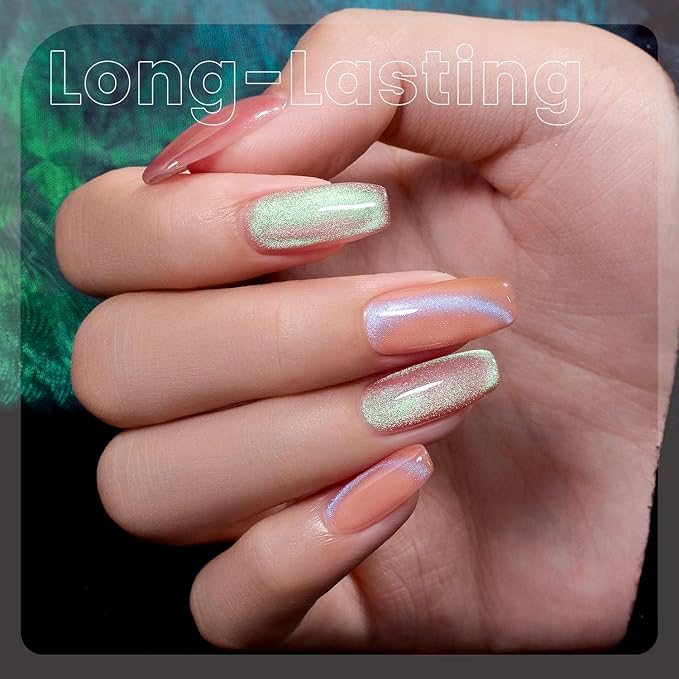 RARJSM Aurora Glitter Cat Eye Gel Nail Polish Set 6Pcs Nude Pink Light Purple Gold Brown Green Blue Galaxy Mermaid Glitter Cateye Gel Polish with Magnetic Stick UV LED Curing Require Home Salon