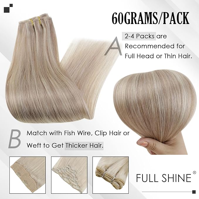 Full Shine Clip in Hair Extensions Ash Blonde Highlights 16 Inch 3 Pcs 60 G Lightweight Clip in Hair Extensions for Thin Hair