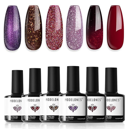 modelones Gel Nail Polish Set 6 Colors Red Burgundy Brown Purple Glitter Gel Nail Polish Color Changing Sparkle Shimmer Polish Kit Soak Off UV Nail Art DIY Salon Gifts For Women Girl