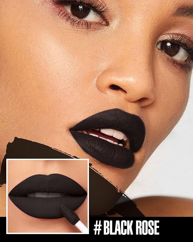 Black Lipstick Matte Liquid Lipstick Long Lasting for Women Smudgeproof Lipsticks Color Stay Dark Black Lipsticks Vegan Cruelty-Free Lip Gloss (911 Black Rose)