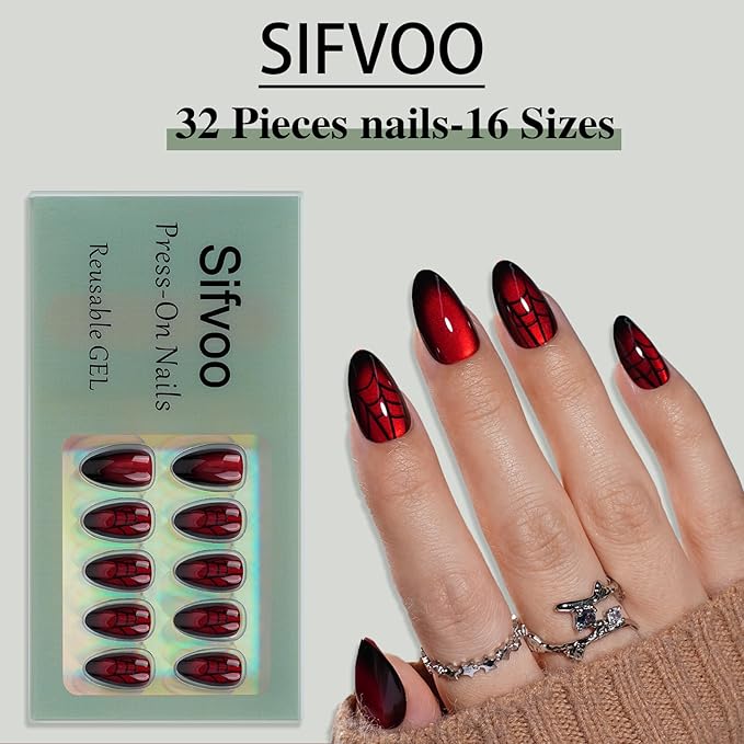 Red Press on Nails, Short Press on Nails Almond Reusable Glossy Cat Eye Nails Soft Gel False Nails Web Press ons for Women, 16 Sizes 32 Count Nails Kit with Glue (SV-10)