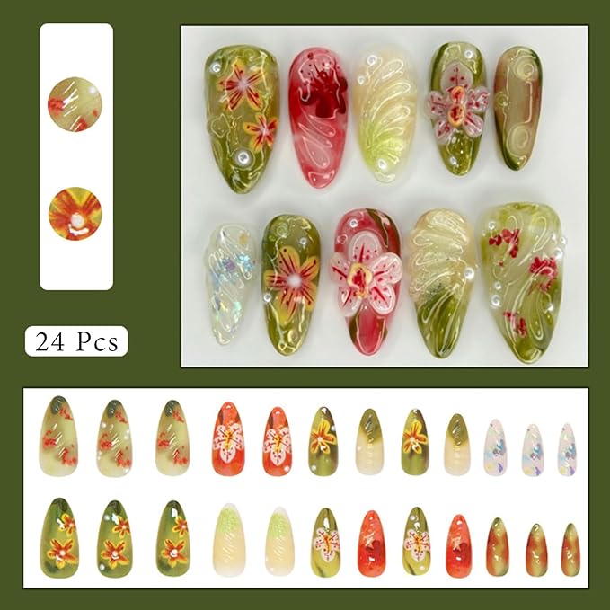 24Pcs Medium Press on Nails Almond Fake Nails Summer Flower Acrylic False Nails with Peals Design Glossy Red Green Glue on Nail Cute Floral Leaf Handmade Nails for Women