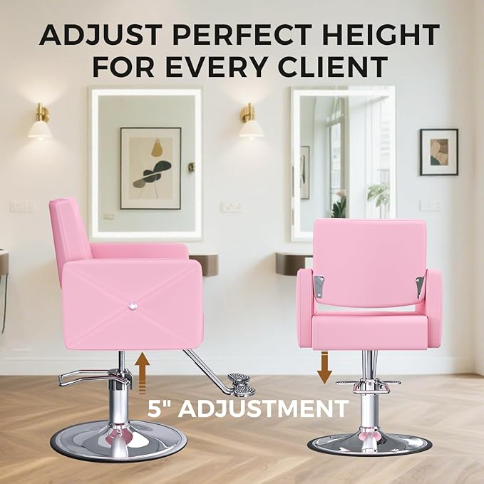 Salon Chair for Hair Stylist with 350Lbs Heavy-Duty Hydraulic Pump, 360° Swivel Barber Chair, Adjustable Height Styling Chair for Beauty Salon, Tattoo, Spa, Elegant Pink