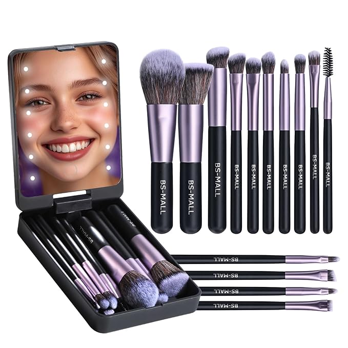 BS-MALL Travel Makeup Brush Set Foundation Powder Concealers Eye Shadows Makeup Set with LED light Mirror 14 Pcs (Purple)