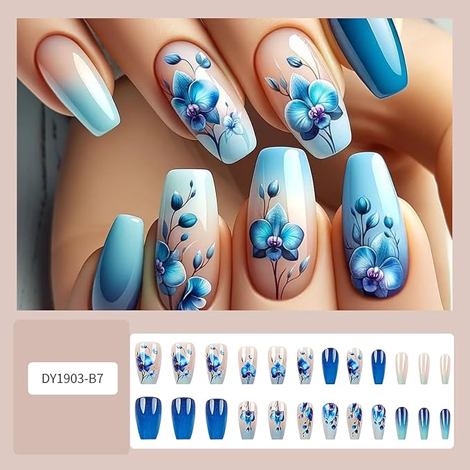 24Pcs Blue Flower Press on Nails Medium Ballet Shaped Blue Gradient Acrylic False Nail Artificial Floral Stick on Nail Press Ons with Blossom Design Glossy Reusable Glue on Nails for Women