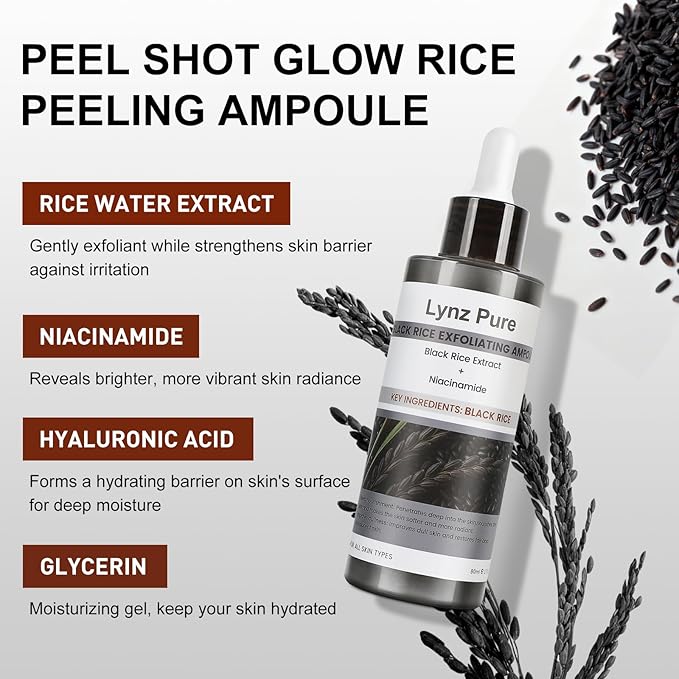 Peel Shot Glow Black Rice & Niacinamide Exfoliating Ampoule - Soft Peel for Face & Body to Visibly Refine Pores, Brighten Skin, Deep Pore Cleansing - For All Skin Types, 2.71 Fl Oz