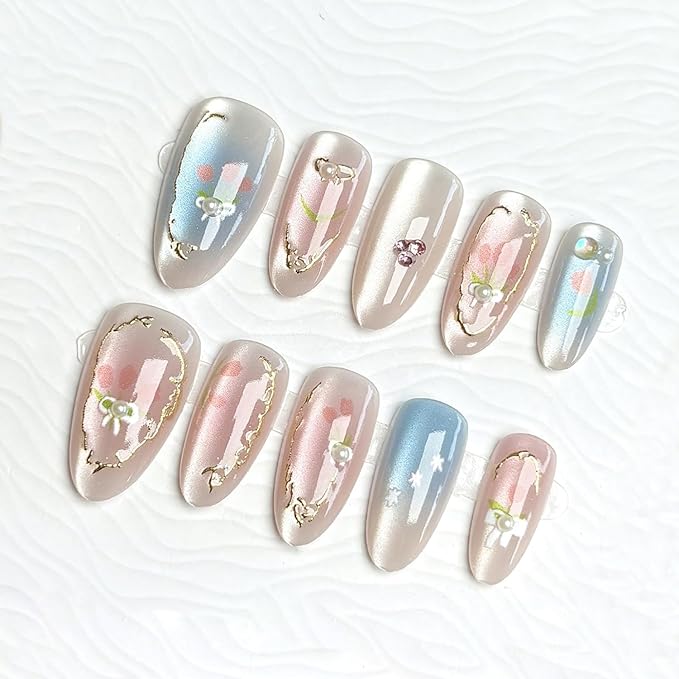30Pcs Spring Flower Press on Nails Medium Almond Fake Nails with 3D Pearl Rhinestones Gradient Designs Glue on Nails Gold French Line Acrylic Nails Summer False Nails Stick on Nails for Women