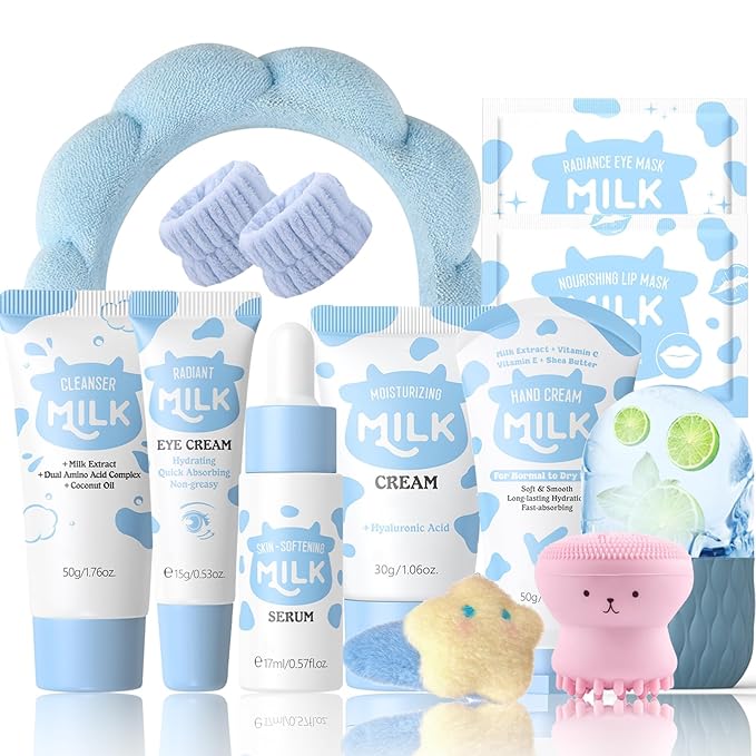 13PCS Milk Skincare Set for Kids & Teens, Complete Kids Skin Care Set for Girls Ages 8-12, Skin Care for Kids Girl 10-12, Skin Care Set for Teens, Face Care Kit Gentle, Nourishing, All Skin Types