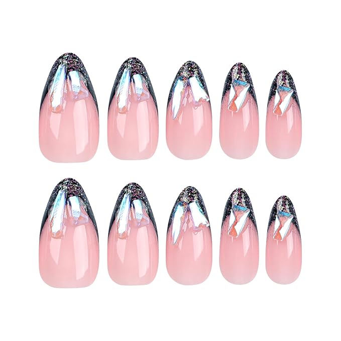 Press on Nails Medium Almond Fake Nails Glitter French Tip False Nails with Designs Crystal Rhinestones Glue on Nails Nude Acrylic Nails 24 Pcs for Women Girls Manicure Art