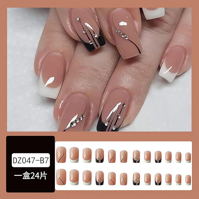 Medium Press on Nails Square Fake Nails Black White French Acrylic Nails Press on Glossy Short Glue on Nails with 3D Rhinestone Designs French Manicure False Nail Tips Artificial Nails for Women Girl