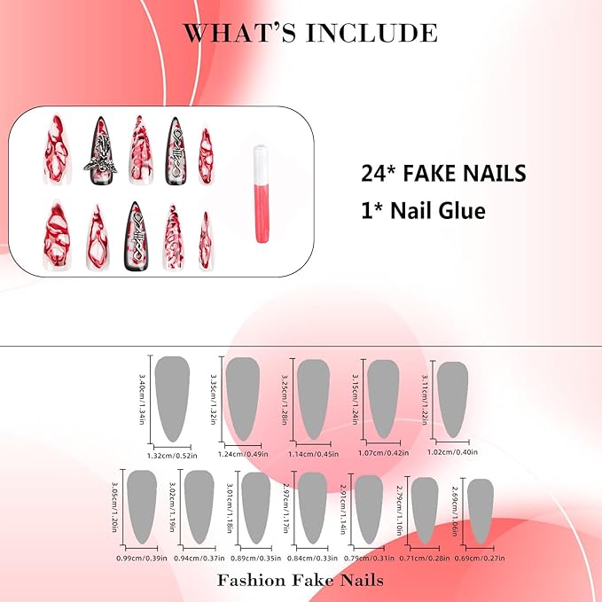 IMRAIN Press on Nails Long Stiletto Fake Nails 3D Red Ombre & Metal Angel Charms Designs Full Cover Glossy Nude Glue on Nails Halloween Artificial Reusable False Nails for Women 24Pcs