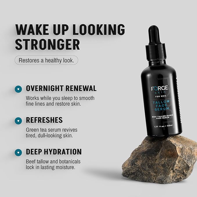FORGE SKIN® Night Beef Tallow Serum for Men [TALLOW-BASED] - Facial Essence for Face Wrinkles with Essential Oils - Natural Green Tea Skincare for Radiance and Skin Hydration (1.77 OZ)
