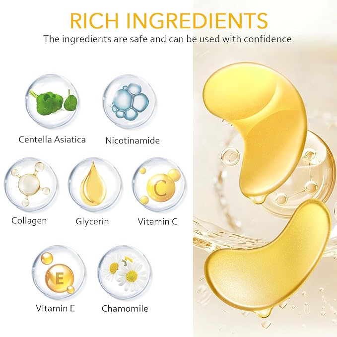 Under Eye Patches, Gold Eye Patches for Puffy Eyes and Dark Circles 24k Gold Under Eye Mask for Wrinkles Eye Bags for Women and Men Collagen Skincare Treatment (20pcs)