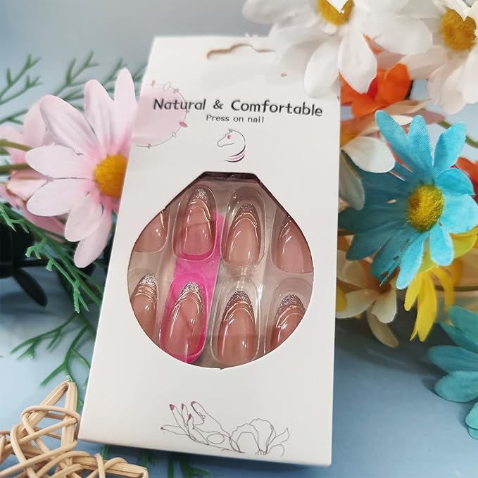 French Tips Press on Nails 3D Curve Line Press ons Fingernail Sparkly Gel Glue on Acrylic Fake Nails 24Pcs Glossy Silver Glitter Medium Almond False Nail Elegant Stick on Nail for Holiday Manicure Art