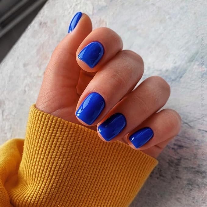 KQueenest Royal Blue Square Press on Nails Short, Gel Fake Nails Short Coffin, Pure Color Natural Small Nails Press on, Solid Stick on Nails for Women Daily Office Manicure