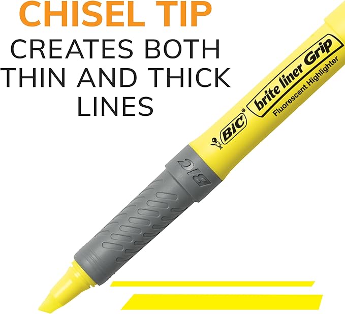 BIC Brite Liner Grip Highlighter, Chisel Tip (1.6 mm), Assorted Colors, For Broad Highlighting & Fine Underlining, 5-Count