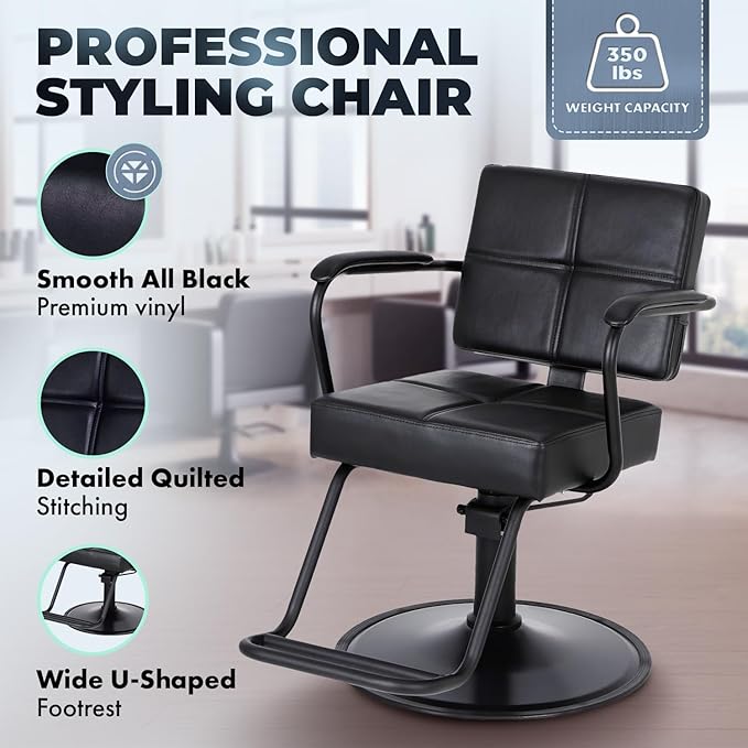 Buy-Rite Atlas Professional Salon Styling Chair - Extra-Wide Seat, Black Metal Frame, Premium Black Vinyl with Detailed Stitching, Open Back Design, Hydraulic Base, NIN-5516