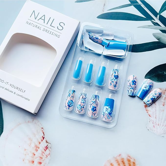Coffin Press on Nails Medium Square Fake Nails with Blue Flower Designs Spring Summer Glue on Nails Full Cover Acrylic Nails Reusable Artificial False Nail for Women Girls Manicure Salon 24pcs