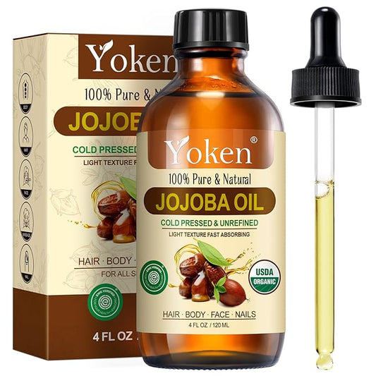 Yoken Jojoba Oil 4 fl oz EWG Verified 100% Pure Jojoba Oil Cold Pressed for Skin, Hair, Nails, Cuticles - Unrefined & Hexane Free, Natural Moisturizer Carrier oils Facial Serum for Gua Sha