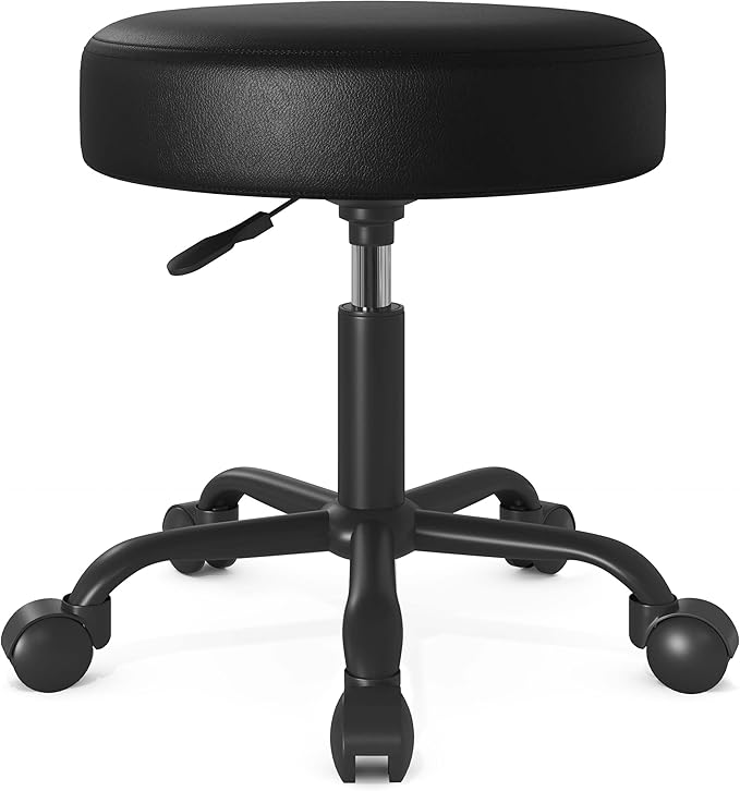 SHA CERLIN Rolling Stool with Wheels Swivel Shop Salon Chair Adjustable Drafting Massage Medical Tattoo Spa with PU Leather Cushioned, Black