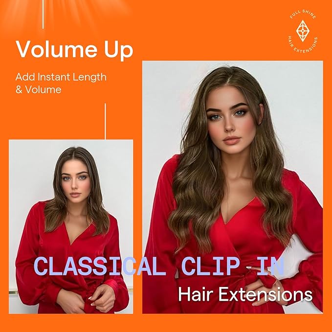 Full Shine Clip in Hair Extensions Human Hair 22 Inch Instant Volume Straight Seamless Natural Human Hair Light Brown Hair Extensions Clip ins 7 Pcs 120 G