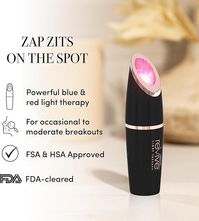 reVive Light Therapy Lux Collection Spot Acne Device, Portable Red & Blue Light LED Therapy Products for Blemish-Prone Skin, Rechargeable, On-The-Go Face Tools for Skincare, Black