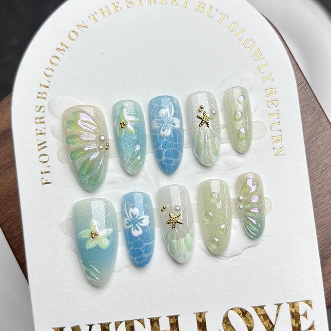 30Pcs Summer Press on Nails Medium Almond Fake Nails 3D White Flower Starfish Rhinestones Glitter Designs Full Cover Blue Glue on Nails French Tip False Nails for Women Girls Acrylic Nail Decorations
