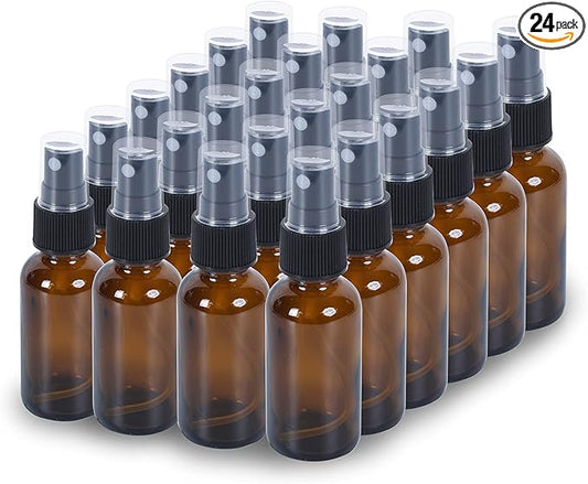 2oz Glass Spray Bottle, Fine Mist Boston Glass Bottles with Black Fine Mist Sprayer Small Clear Bottles for Essential Oils, Bath, Beauty, Hair & Cleaning, Amber, Pack of 24