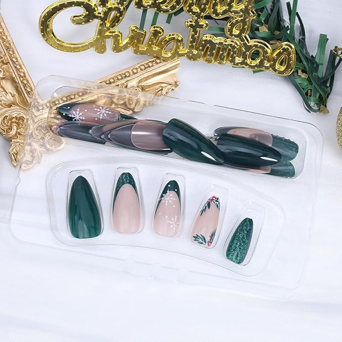 24Pcs Christmas Press on Nails Medium French Tip Fake Nails Winter Snowflake Acrylic Nail Xmas Holly Candy Design Cute Almond False Nail Green Full Cover 3D Christmas Glue on Nails Supplies for Women
