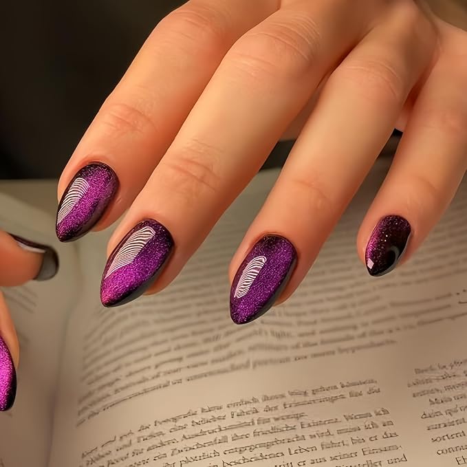 KQueenest Press On Nails Short - Purple to Black Press On Nails Almond Shape, Glitter Cat Eye Fake Nails with Nail Glue, Reusable Cute Dark Gel Glue On Nails with Color-Shifting Glow, 30 Pcs