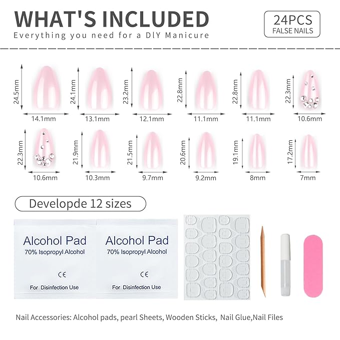 Nude Pink Rhinestone Press On Nails, Glossy Gradient Almond Fake Nails with Crystal Gems Design, Elegant Sparkly Stick On Nails for Women, 24PCS Reusable False Nail Set