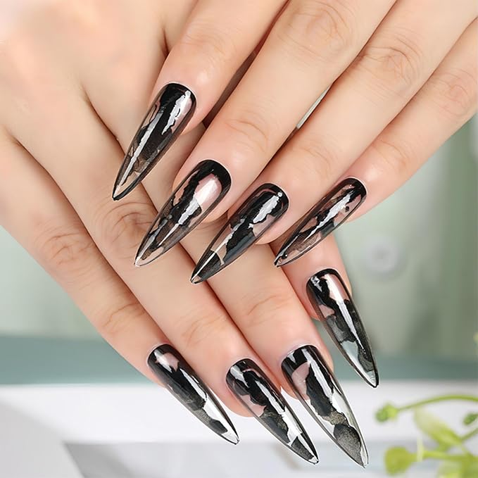 IMRAIN Black French Press-on Nails Long Stiletto Fake Nails Ink Ombre Glossy Glue-on Full Cover Artificial Clear Almond Stick-on for Women 24Pcs Decor Kit