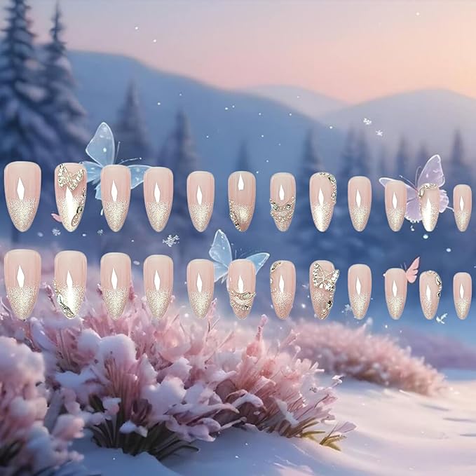 Summer Butterfly Press on Nails Pearl Gel Glue on Fingernails Glossy White Glitter Medium Almond False Nail 24Pcs French Acrylic Full Cover Fake Nails Rhinestone Stick on Nail for Holiday Manicure Art