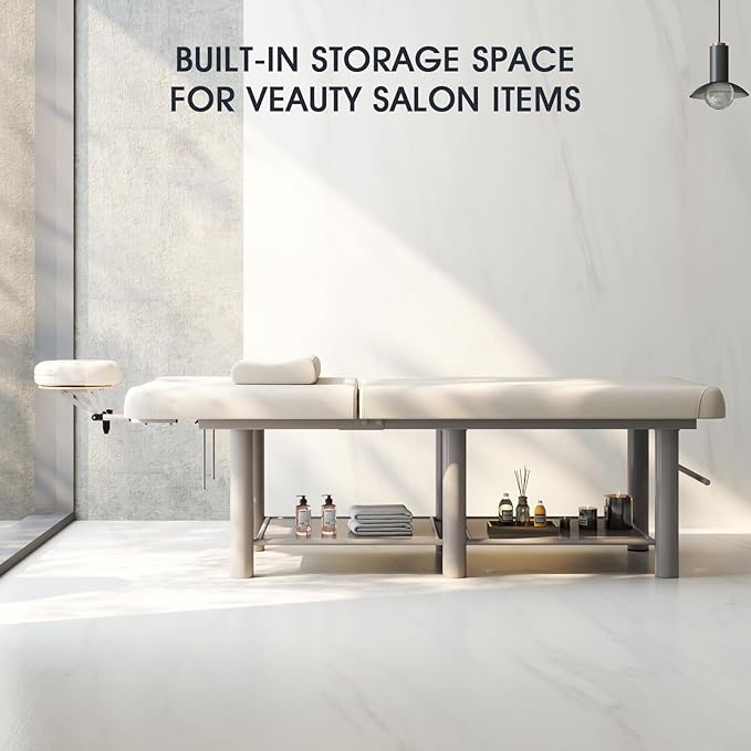 Heavy Duty Wide Stationary Massage Table Metal Frame PU Leather Spa Facial Professional Adjustable Massage Bed with Open-Chest & Headrest for Treatment Physical Therapy Tatoo Salon Equipment (Gray)