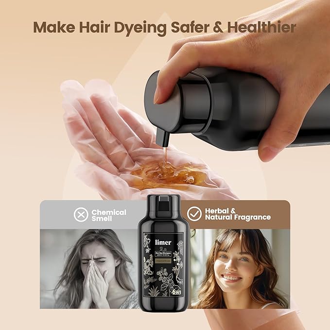 Limer Hair Dye Shampoo, Coffee Color 6-in-1 Natural Herbal Hair Color Shampoo, Semi-Permanent Gray Coverage with Pleasant Scent, Ammonia-Free Formula for Women & Men (460ml/15.55fl oz)