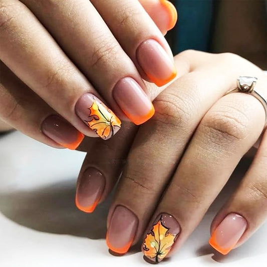 24Pcs Maple Leaf Press on Nails Thanksgiving Medium Square False Nails Fall Leaves Stick on Fingernails Glossy Orange French Tips Acrylic Fake Nail Autumn Gel Glue on Nail for Coquette Women Girls
