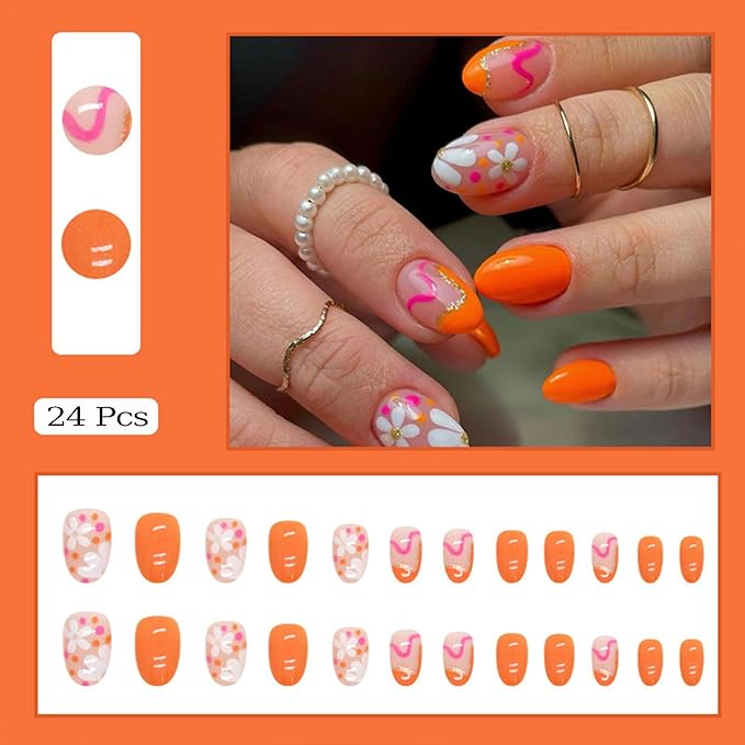 Short Almond Press on Nails Orange Flower Fake Nails Short Oval False Nails with Designs Line Glitter Glue on Nails Full Cover Acrylic Nails Stick on Nails for Women Girls Decoration 24Pcs