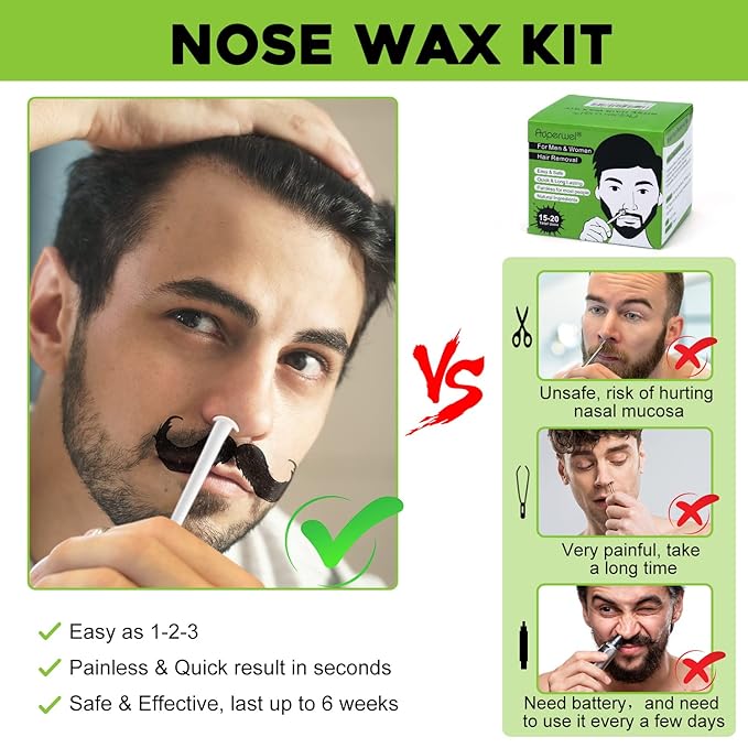 Nose Wax Kit Men and Women with 20 Applicators (15-20 Uses), Nose Hair Wax Kit for Nose & Ear Hair Removal, Painless & Fast, Long-Lasting Results Up to 5 Weeks (100g Nose Wax)