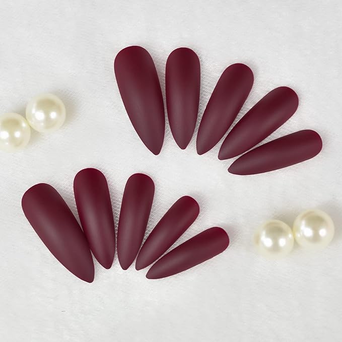 Extra Long Stiletto Burgundy False Nails Wine Red Matte Press on Nails Gifts Reusable Wearable Fake Acrylic Nail Art Tips Salon DIY Manicure for Halloween Party Adhesive Tabs Nail File