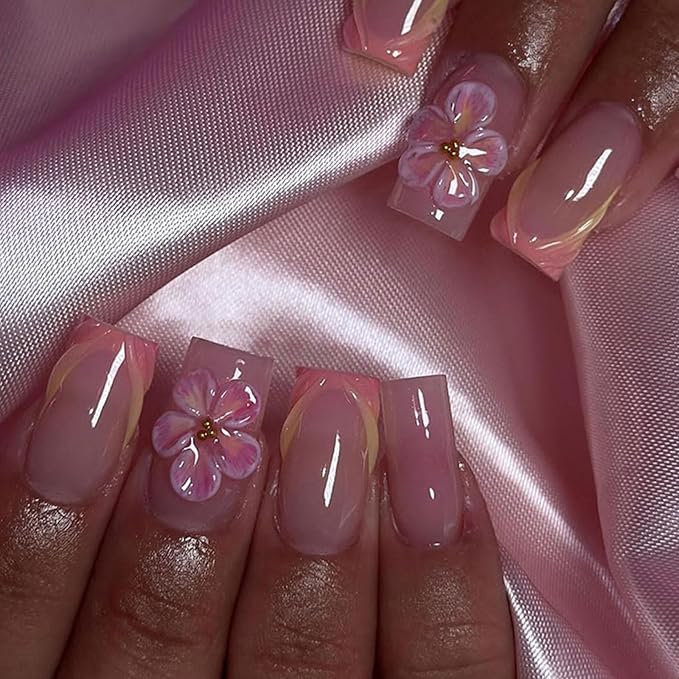Spring Press on Nails Square Medium Fake Nails with Flower Designs French Tip Nails Press ons Glossy Glue on Nails Nude Acrylic Nails Cute False Nails Summer Stick on Nails for Women 24Pcs