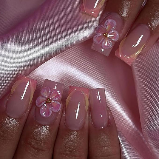 Spring Press on Nails Square Medium Fake Nails with Flower Designs French Tip Nails Press ons Glossy Glue on Nails Nude Acrylic Nails Cute False Nails Summer Stick on Nails for Women 24Pcs