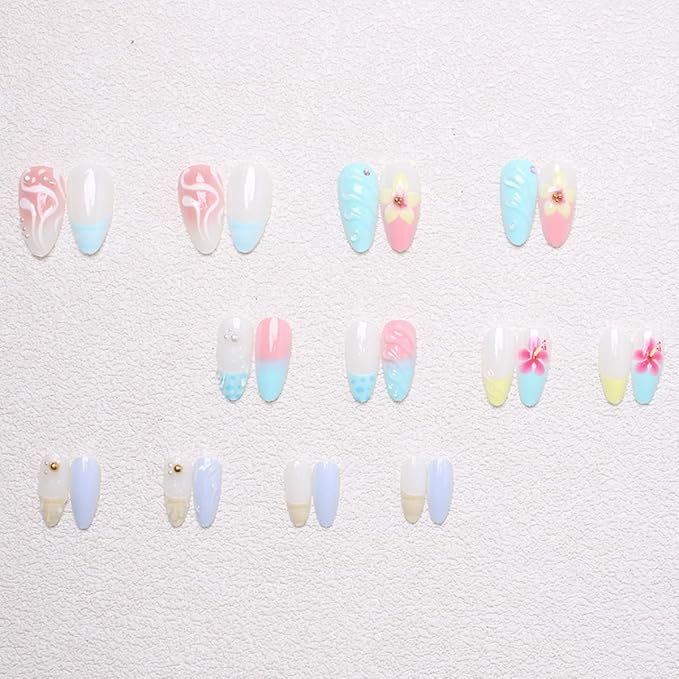 Leopard Print French Tip Press on Nails Medium Almond Flower Fake Nails Rhinestones Droplet Shaped Design Blue Pink Gradient Acrylic Nails Cute Glue on Nails Summer Salon Artificial False Nails 24Pcs