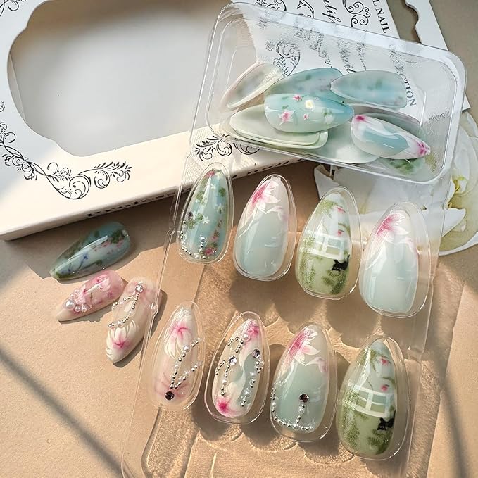 24Pcs Flower Press on Nails Medium Almond Lotus Leaf Fake Nails with Pearl Gems Bow Design Cute Cat False Nails Spring Summer Full Cover Artificial Glue on Nails Handmade Stick on Nails for Women DIY