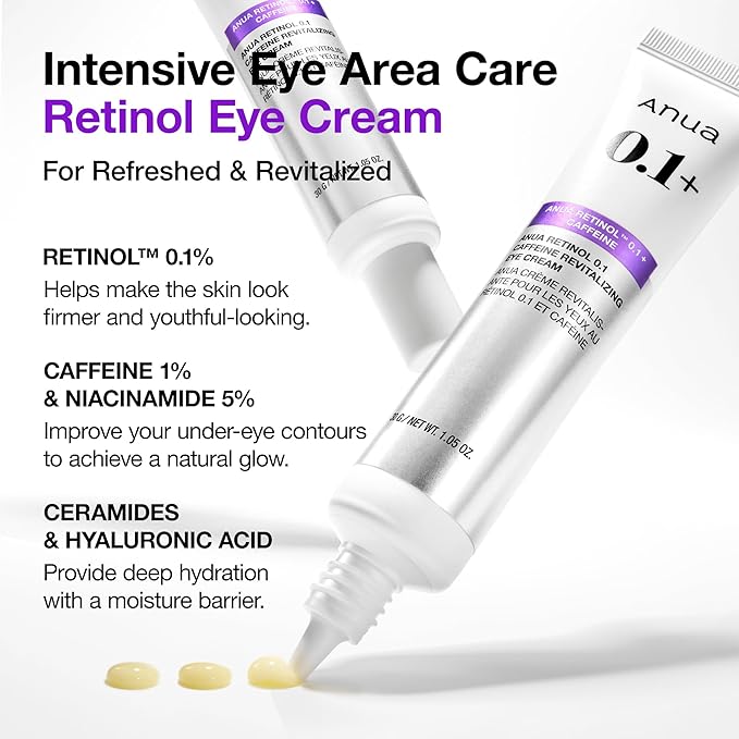 ANUA Retinol 0.1 Caffeine Revitalizing Eye Cream, Under Eye Cream For Hydration, Glow Up Eye Contour, Niacinamide, Retinol For Face, Night Cream For Eye Care, Korean Skin Care (30g/1.05oz)