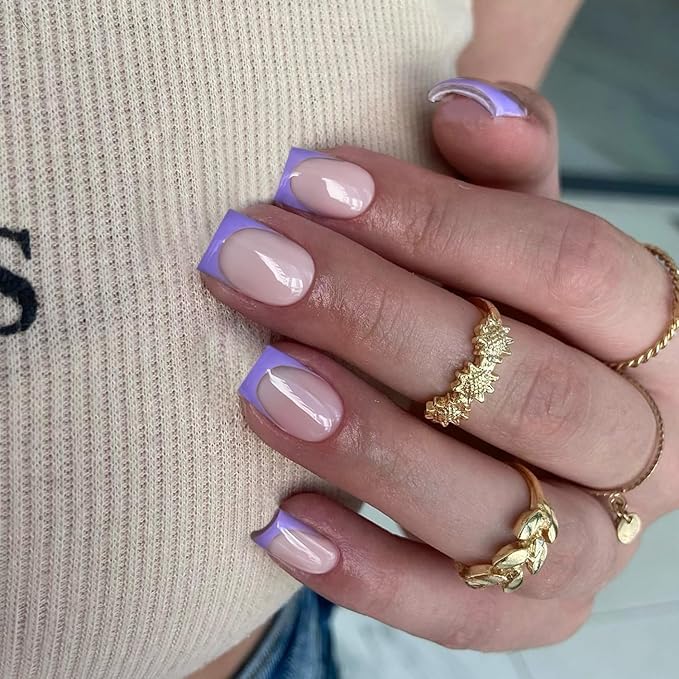 30Pcs Purple French Tip Press on Nails Short Square Nails Press ons, Short Fake Nails Coffin Acrylic French Glue on Nail False for Women, Natural15 Sizes
