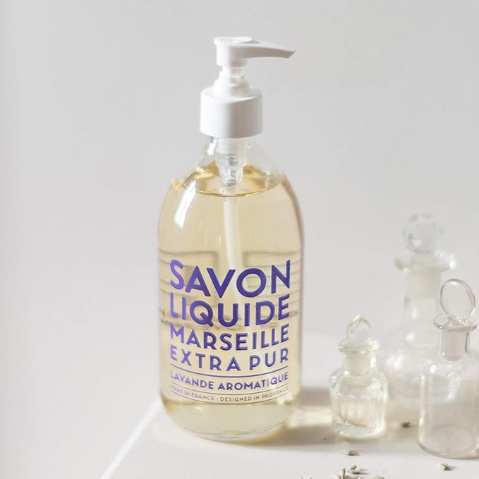 Compagnie de Provence Savon de Marseille Extra Pure Liquid Soap - Aromatic Lavender - 16.7 Fl Oz Glass Pump Bottle and 33.8 fl oz Plastic Bottle Refill