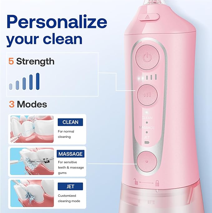 Bitvae C6 Water Flosser Teeth Picks, Portable Cordless Oral Irrigator, IPX7 Waterproof Braces Flossers Cleaner, 5 intensities 6 Jet Tips, USB Rechargeable Water Dental Picks for Cleaning, Pink