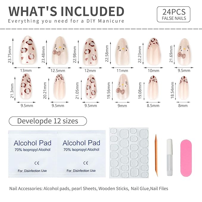 Nude Leopard Press On Nails 24pcs, Cute Cat Design Almond False Nails with Gold Shimmer and 3D Bow, Glossy Reusable Stick On Nails Kit for Women and Girls