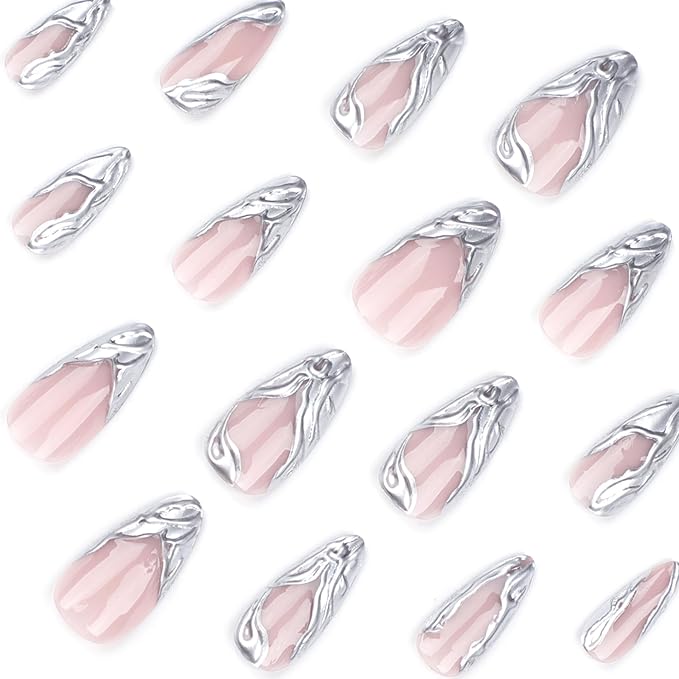 Silver Press on Nails Medium Almond Fake Nails 3D Line Stiletto False Nails with French Tip Acrylic Nails Silver Chrome Artificial Nails for Women Girls Manicure Art Decoration 24Pcs